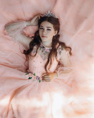 Peach Prom Dresses Tulle Ball Gown Long Sleeves with 3D Flowers