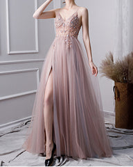 Tulle Prom Dresses Beaded V Neck Leg Slit