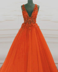 Tulle V Neck Orange Ball Gown Prom Dresses