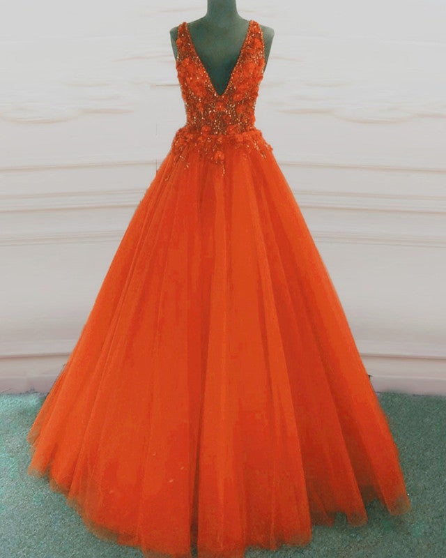 Tulle V Neck Orange Ball Gown Prom Dresses