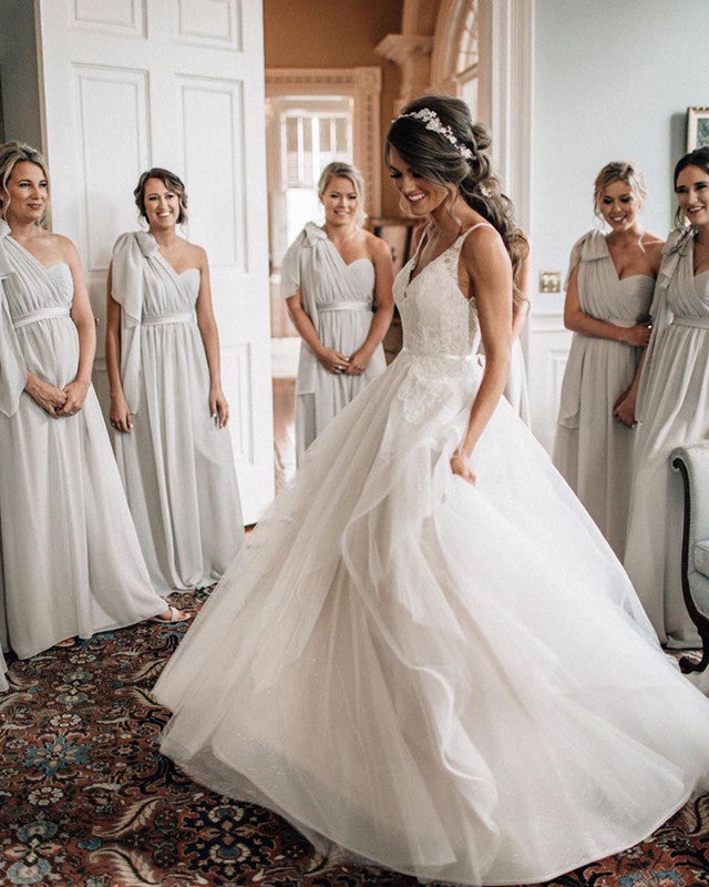 A Line Ruffles Tulle Wedding Dresses Lace Appliques