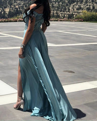 Elegant Turquoise Blue Prom Dresses Satin Split Lace Off Shoulder