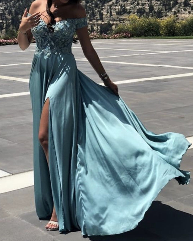 Elegant Turquoise Blue Prom Dresses Satin Split Lace Off Shoulder