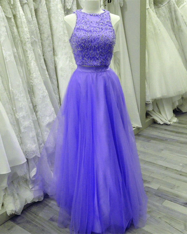 Two Piece Lavender Prom Dresses Lace Crop