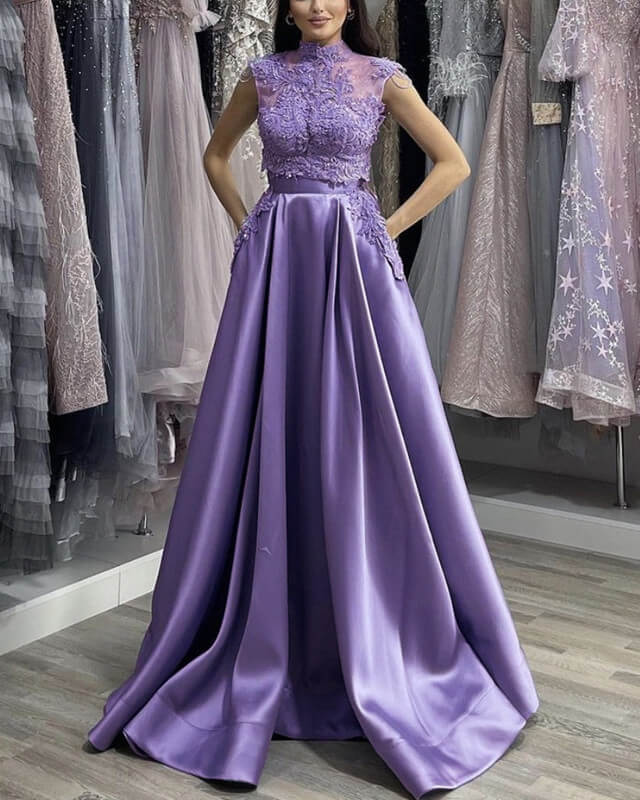 Two Piece Satin Appliques Prom Dress With Pockets