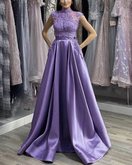 Two Piece Satin Appliques Prom Dress With Pockets