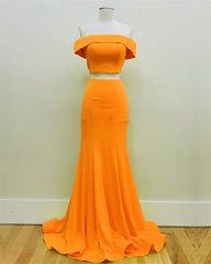 Two Piece Orange Prom Dresses Mermaid Off Shoulder