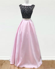 Black Lace Beaded Two Piece Satin Prom Dresses