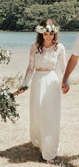 Two Piece See Through Lace Top Long Sleeve Ivory Chiffon Wedding Dresses ,DB0177