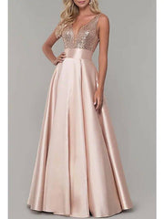 A-Line Sparkle Prom Formal Evening Dress V Neck Sleeveless Floor Length Satin with Pleats Sequin - RongMoon