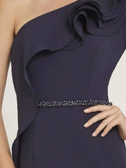 Sheath / Column Mother of the Bride Dress Elegant One Shoulder Floor Length Stretch Satin Long Sleeve with Beading Split Front - RongMoon