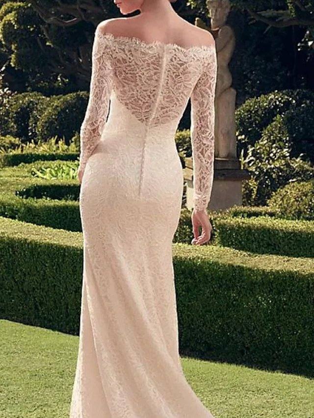 Mermaid / Trumpet Wedding Dresses Off Shoulder Sweep / Brush Train Lace Long Sleeve Romantic Sexy See-Through with Embroidery - RongMoon