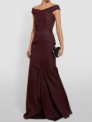 Mermaid / Trumpet Mother of the Bride Dress Sexy Off Shoulder Floor Length Polyester Short Sleeve with Criss Cross Split Front - RongMoon