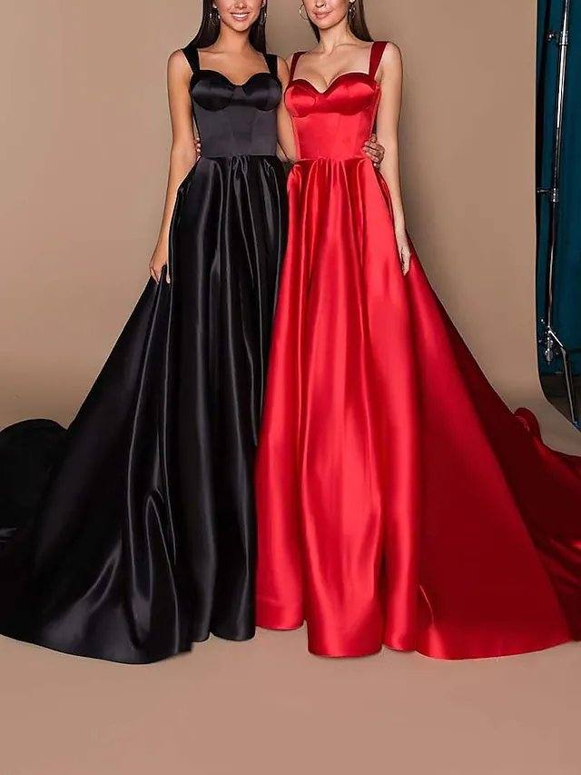 A-Line Elegant Princess Wedding Guest Formal Evening Dress Spaghetti Strap Short Sleeve Court Train Satin with Sleek Solid - RongMoon