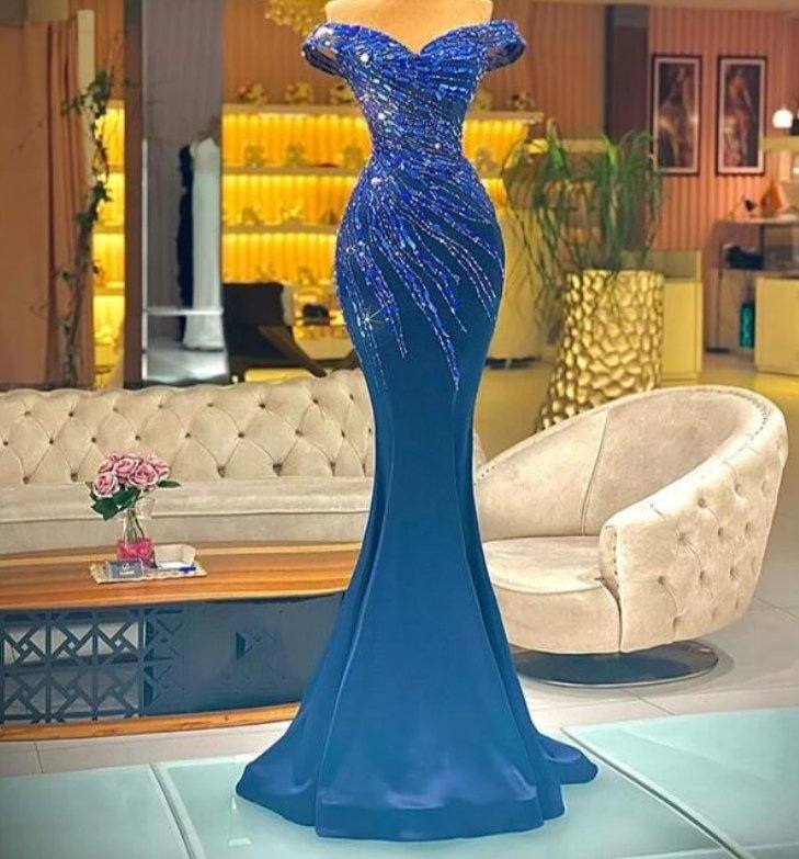 Blue Robe De Soiree Mermaid Off The Shoulder Beaded Crystals Long Prom Dresses Prom Gown Evening Dresses - RongMoon