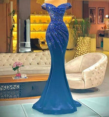 Blue Robe De Soiree Mermaid Off The Shoulder Beaded Crystals Long Prom Dresses Prom Gown Evening Dresses - RongMoon