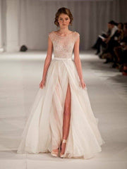A-line/Princess Scoop Sleeveless Short Sleeves Floor-length Organza Prom Dresses - RongMoon