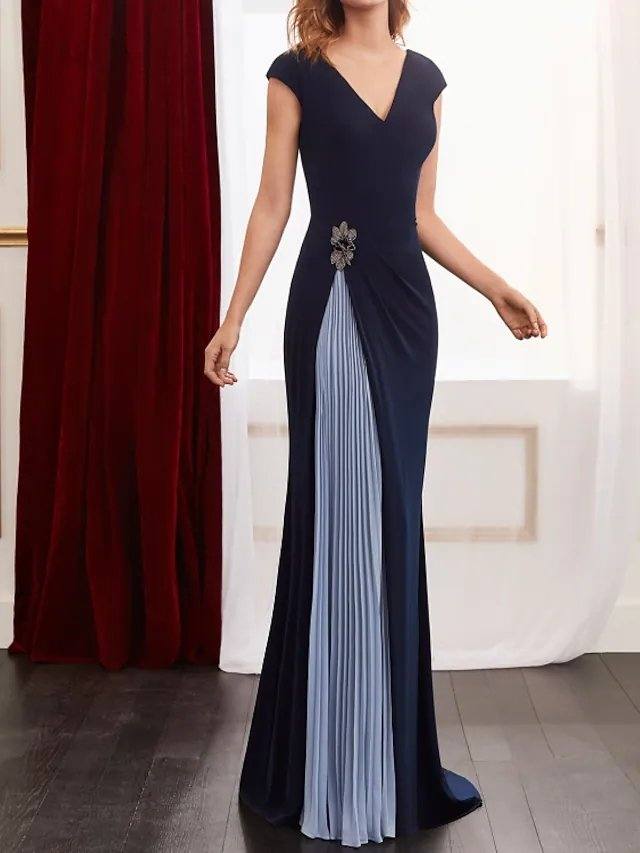 Sheath / Column Color Block Elegant Wedding Guest Formal Evening Dress V Neck Sleeveless Floor Length Spandex Chiffon with Pleats Beading - RongMoon
