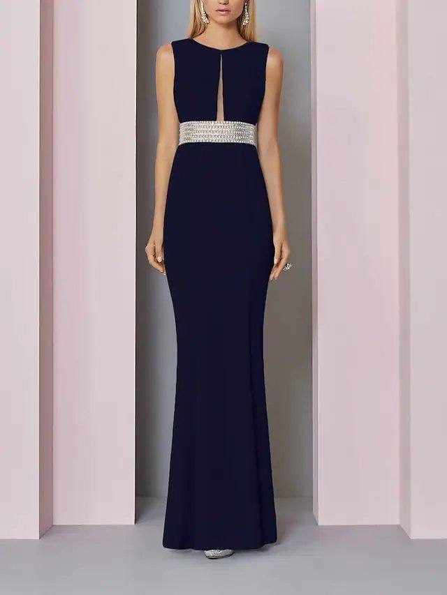 Sheath / Column Mother of the Bride Dress Elegant Jewel Neck Floor Length Stretch Fabric Sleeveless with Sash / Ribbon Sequin - RongMoon