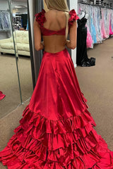 Ruffles V Neck Open Back Red Satin Prom Dress With High Slit