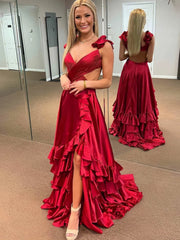 Ruffles V Neck Open Back Red Satin Prom Dress With High Slit