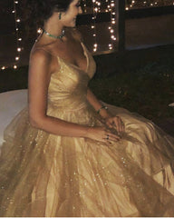 Ball Gown Ruffles Prom Dresses Tulle Sequins V Neck