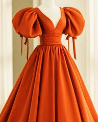 V Neck Puffy Sleeves Orange Ball Gown