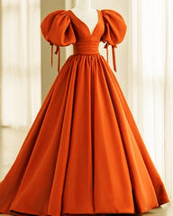V Neck Puffy Sleeves Orange Ball Gown