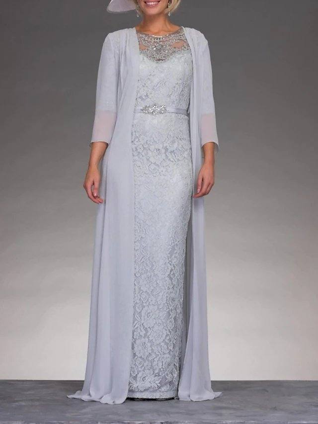 Two Piece Sheath / Column Mother of the Bride Dress Elegant Jewel Neck Floor Length Chiffon 3/4 Length Sleeve with Sash / Ribbon Appliques - RongMoon