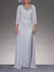 Two Piece Sheath / Column Mother of the Bride Dress Elegant Jewel Neck Floor Length Chiffon 3/4 Length Sleeve with Sash / Ribbon Appliques - RongMoon