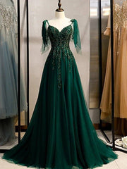 A-Line Elegant Engagement Formal Evening Dress Spaghetti Strap Sleeveless Sweep / Brush Train Polyester with Beading Embroidery - RongMoon