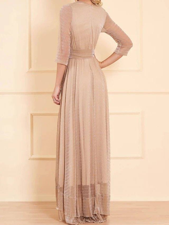Sheath / Column Sparkle Elegant Engagement Formal Evening Dress V Neck 3/4 Length Sleeve Asymmetrical Satin with Sash / Ribbon - RongMoon