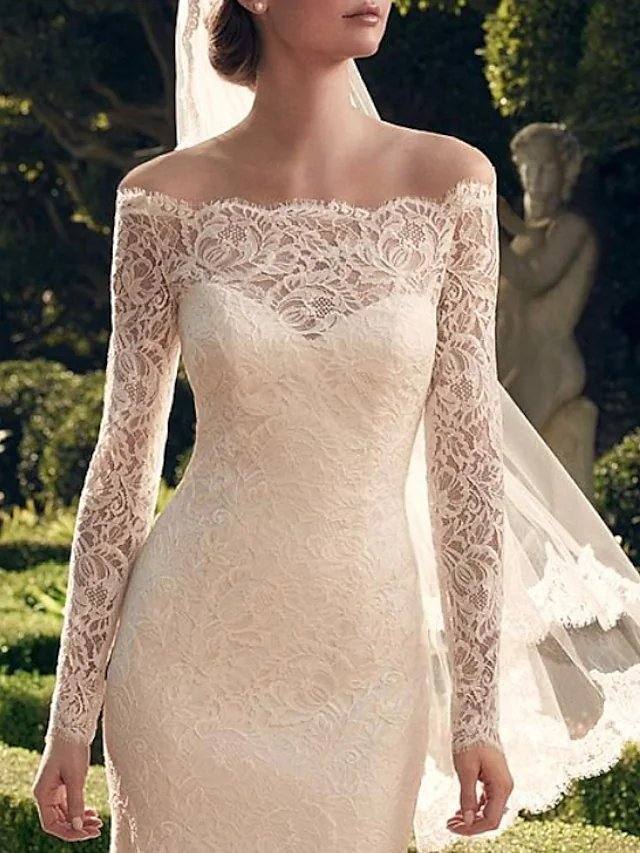 Mermaid / Trumpet Wedding Dresses Off Shoulder Sweep / Brush Train Lace Long Sleeve Romantic Sexy See-Through with Embroidery - RongMoon