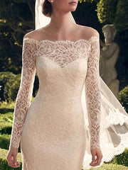 Mermaid / Trumpet Wedding Dresses Off Shoulder Sweep / Brush Train Lace Long Sleeve Romantic Sexy See-Through with Embroidery - RongMoon