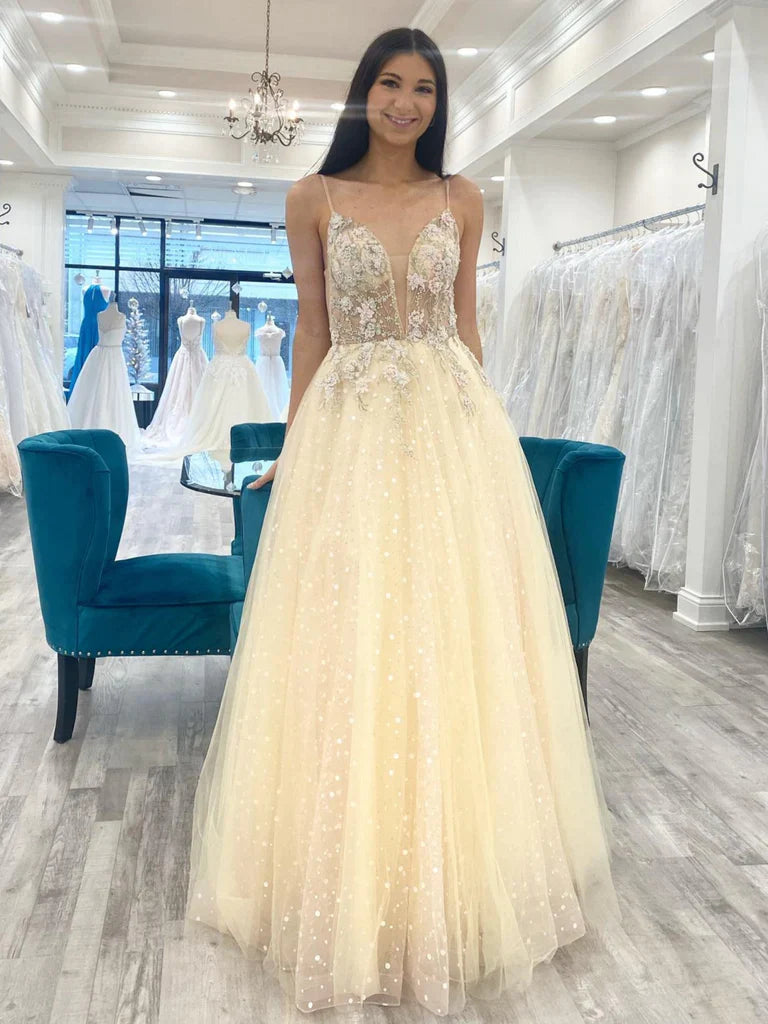 Champagne Tulle V Neck 3D Floral Long Prom Dress