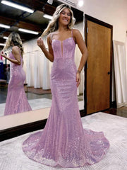 Lilac Sequins Sparkle V Neck Mermaid Prom Dress