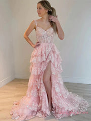 White High Low Lace Layers Prom Dress with High Slit