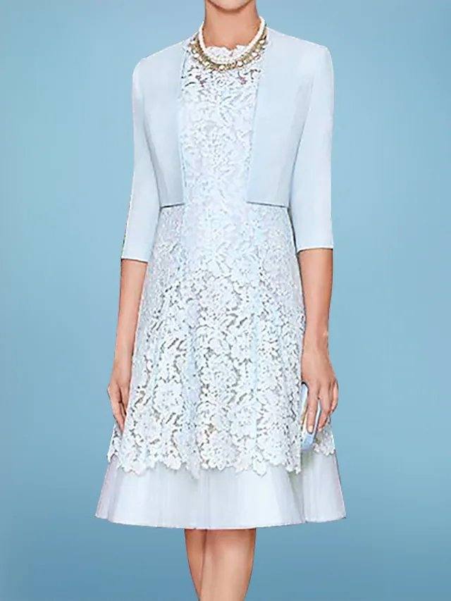 Two Piece A-Line Mother of the Bride Dress Elegant Jewel Neck Tea Length Lace Satin 3/4 Length Sleeve with Embroidery - RongMoon