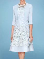 Two Piece A-Line Mother of the Bride Dress Elegant Jewel Neck Tea Length Lace Satin 3/4 Length Sleeve with Embroidery - RongMoon