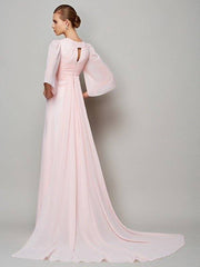 A-Line/Princess High Neck 1/2 Sleeves Beading Long Chiffon Mother of the Bride Dresses - RongMoon
