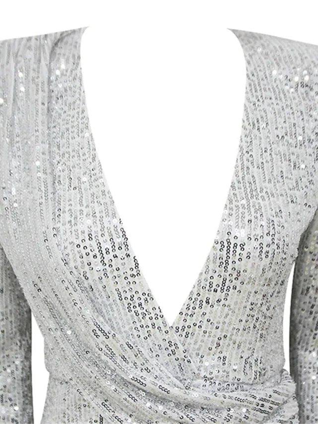 Sheath / Column Sexy bodycon Wedding Guest Formal Evening Dress V Neck Long Sleeve Floor Length Sequined with Sequin - RongMoon