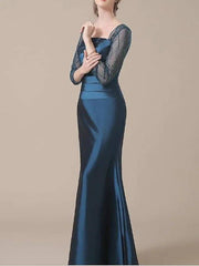 Mermaid / Trumpet Mother of the Bride Dress Elegant Jewel Neck Floor Length Satin 3/4 Length Sleeve with Ruching - RongMoon