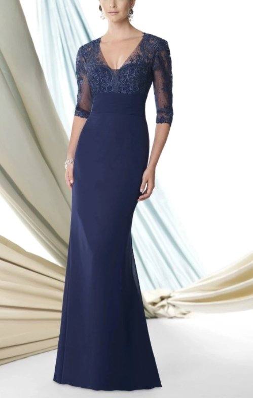 Blue Mother Of The Bride Dresses Mermaid V-neck Half Sleeves Chiffon Appliques Beaded Long Groom Mother Dresses Wedding - RongMoon