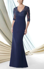 Blue Mother Of The Bride Dresses Mermaid V-neck Half Sleeves Chiffon Appliques Beaded Long Groom Mother Dresses Wedding - RongMoon