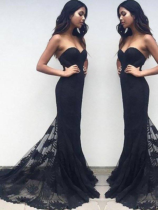 Trumpet/Mermaid Sleeveless Sweetheart Lace Ruffles Sweep/Brush Train Dresses - RongMoon