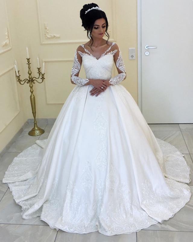 Vintage Satin Ball Gown Wedding Dress Long Sleeves