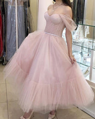 Vintage Tea Length Dresses Tulle Off Shoulder
