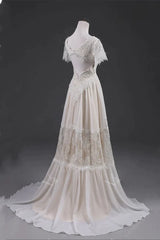 Open Back Short Sleeves V-neck  Lace Beach Wedding Dress