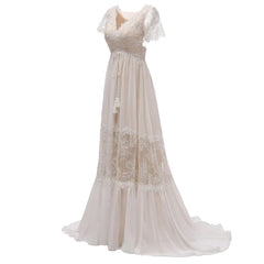 Open Back Short Sleeves V-neck  Lace Beach Wedding Dress