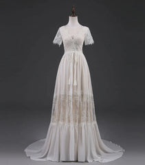 Open Back Short Sleeves V-neck  Lace Beach Wedding Dress